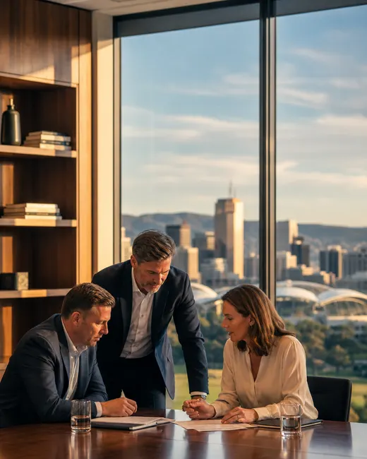 Adelaide professionals reviewing documents in a city office at golden hour, Adelaide skyline and parklands beyond the window