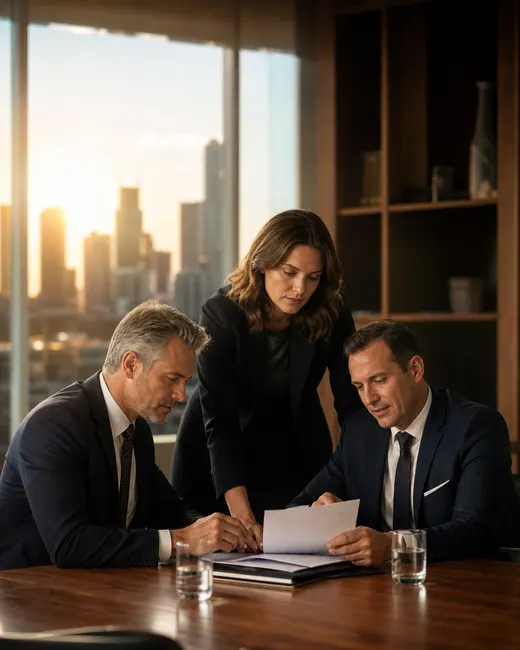 Australian professionals reviewing documents in a city office at golden hour, a capital-city skyline beyond the window