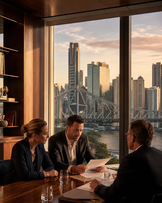Brisbane professionals reviewing documents in a riverside office at golden hour, Story Bridge and skyline beyond the window