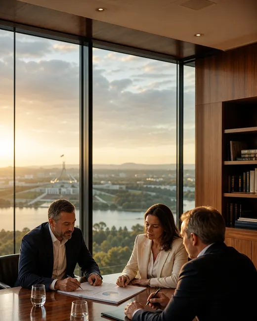 Canberra professionals reviewing documents in a city office at golden hour, Parliament House and Lake Burley Griffin beyond the window