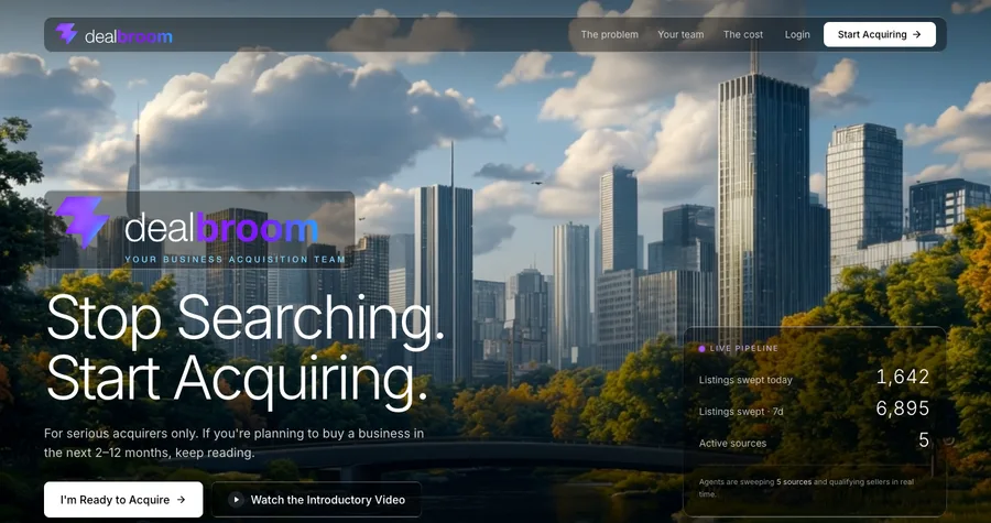 Deal Broom's homepage — live pipeline stats showing 6,895 listings swept in 7 days across 5 marketplaces