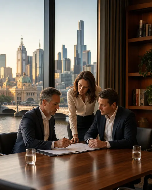 Melbourne professionals reviewing documents in a city office at golden hour, Melbourne skyline beyond the window