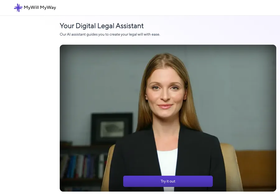 MyWillMyWay's AI Avatar home screen — 'Your Digital Legal Assistant', guided by AI Avatar Alex