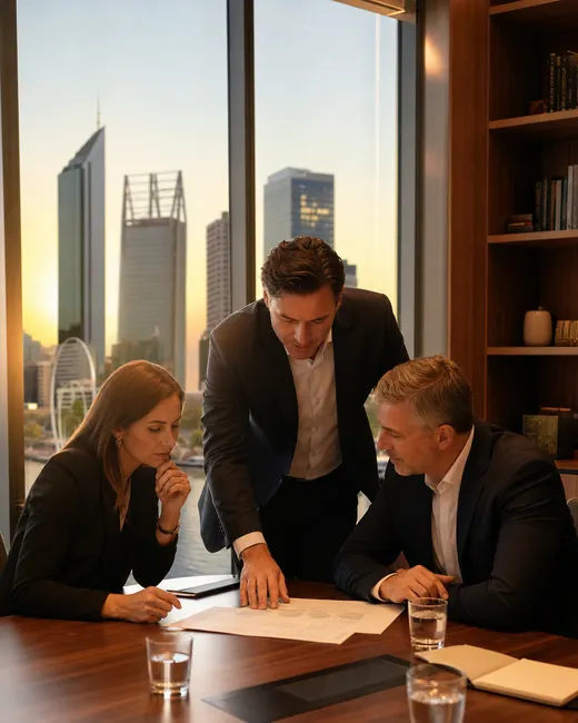 Perth professionals reviewing documents in a city office at golden hour, Swan River and Perth skyline beyond the window